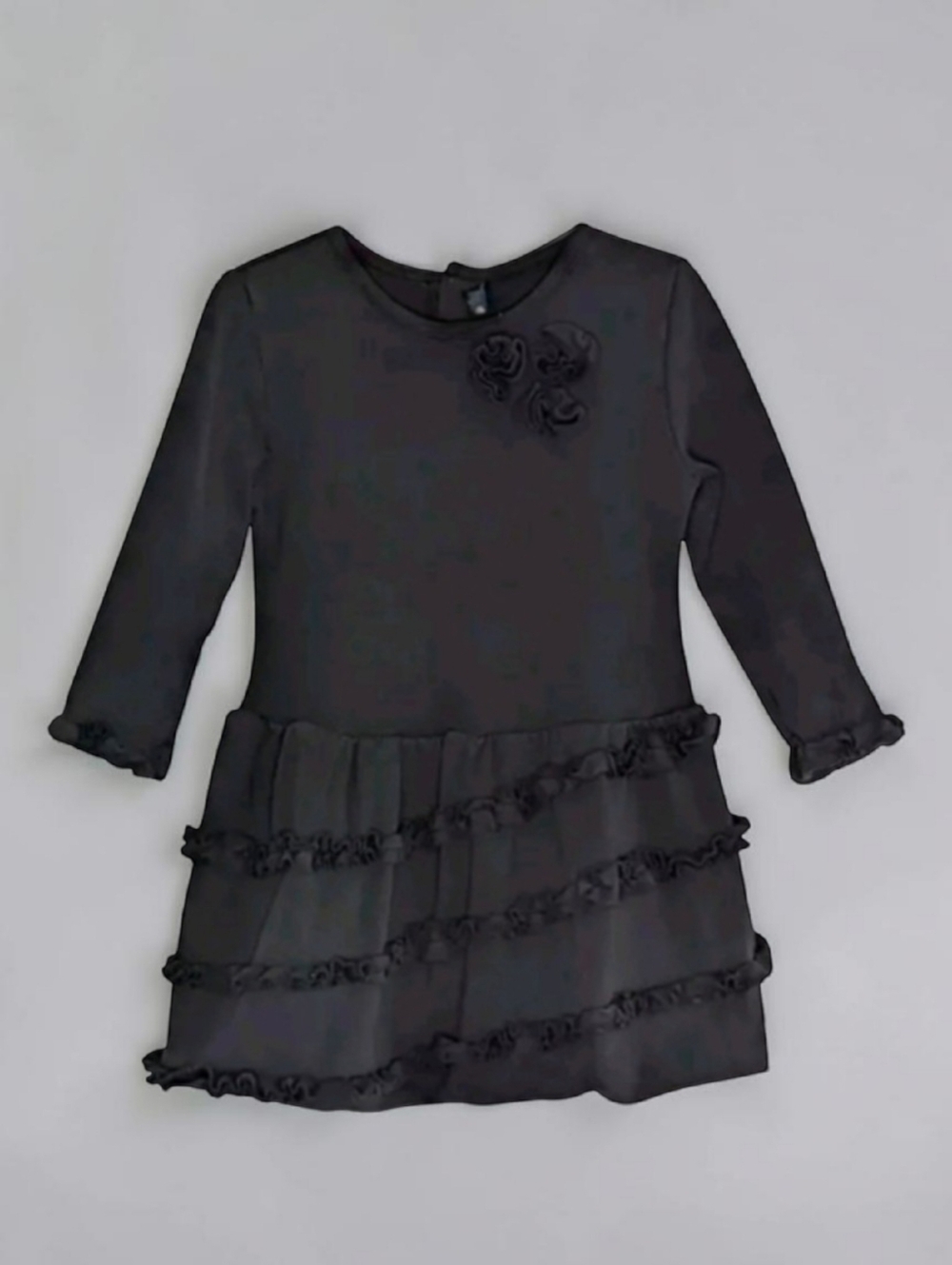 Lili Gaufrette Girls Black Ruffle Tiered Dress Rose Detail Size 3Y